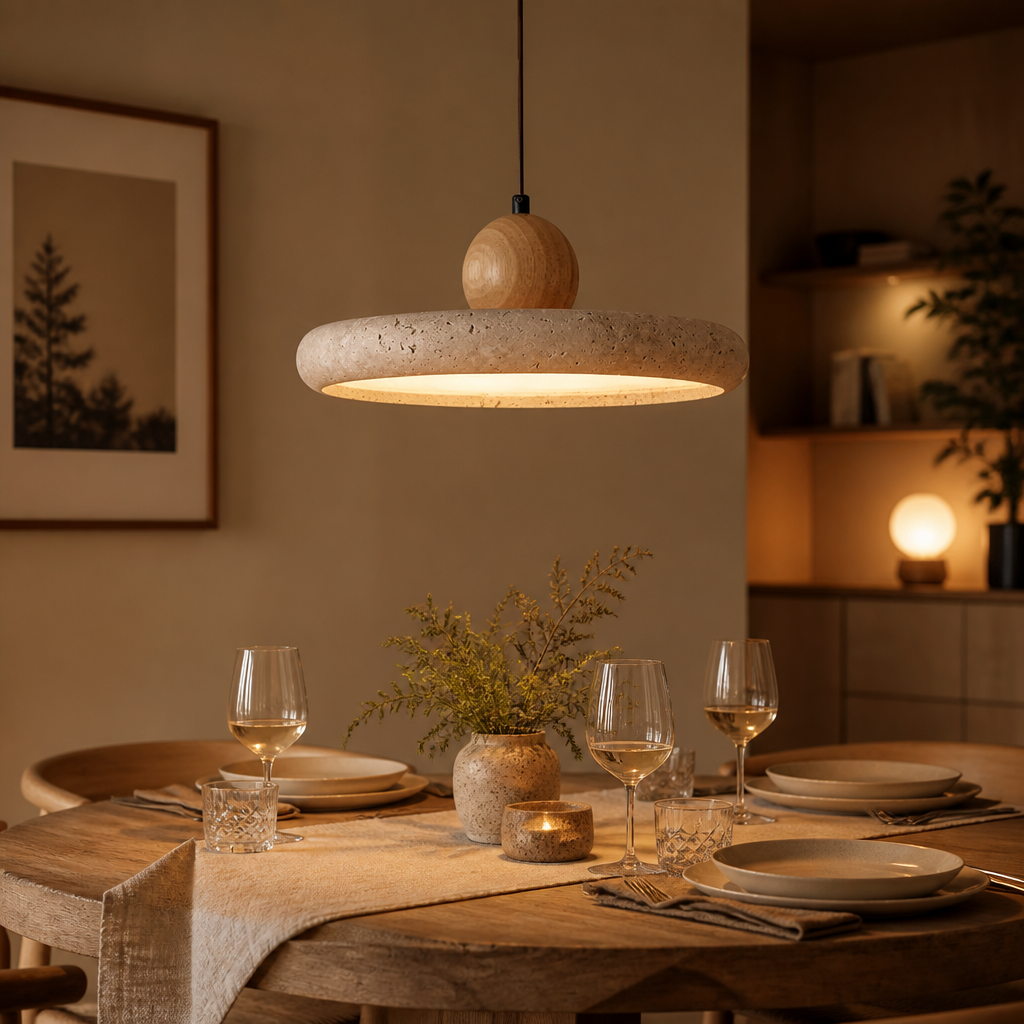 Suspension en Travertin Naturel – LED 28W – Ø30 cm – Vaelor