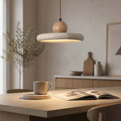 Suspension en Travertin Naturel – LED 28W – Ø30 cm – Vaelor
